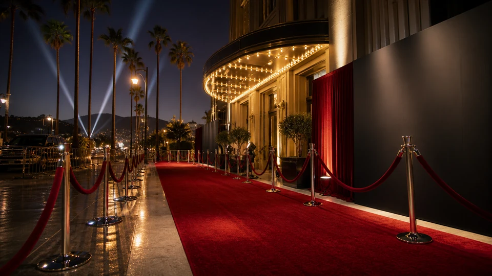 A polished Hollywood premiere arrival with a crimson carpet and theater lights