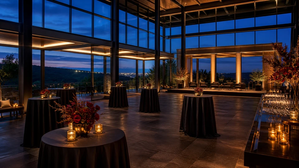 A modern Northern Virginia reception in a glass pavilion at blue hour